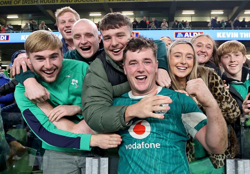 Ireland's Gus McCarthy celebrates with supporters after the game against Fiji. Photograph: Ben Brady/Inpho