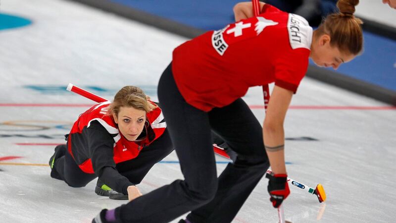 Silvana Tirinzoni of Switzerland watches a stone during the women’s round-robin during the Winter Olympics in South Korea. Photograph: Phil Noble/Reuters