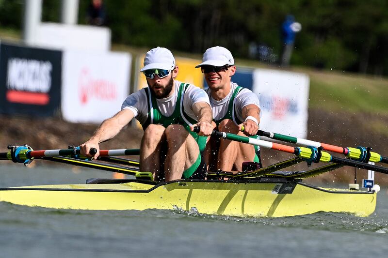 Ireland’s Fintan McCarthy and Paul O’Donovan in familiar territory - on their way to winning another title at the World Rowing Championships.
Photograph: Detlev Seyb/Inpho