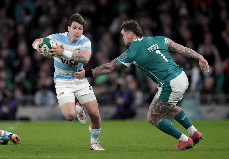 Argentina's Gonzalo Bertranou is tackled by Ireland's Andrew Porter. Photograph: Brian Lawless/PA