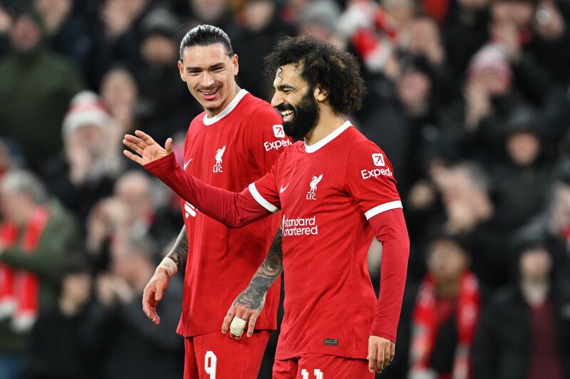 Mohamed Salah of Liverpool  with teammate Darwin Nunez. Liverpool remain the masters of control at home, with seven wins and a draw in eight games this season. Photograph: Michael Regan/Getty Images