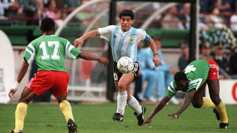 Diego Maradona during Argentina’s 1-0 defeat to Cameroon in 1990. Photograph: Daniel Garcia/Getty