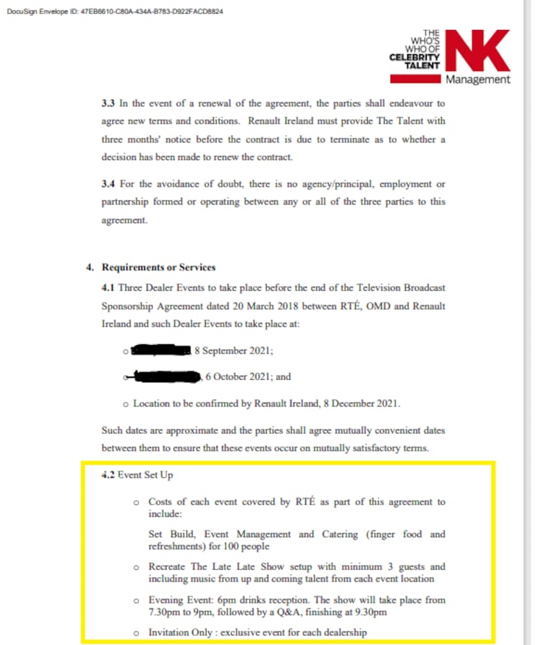 Page from agrement between RTÉ, Renault and Tubridy