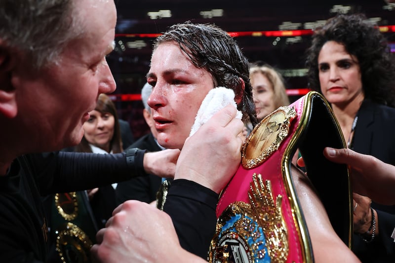 Katie Taylor is announced as winner following her fight against Amanda Serrano. Photograph: Sarah Stier/Getty Images