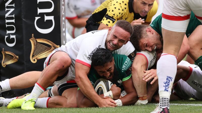 Bundee Aki burrows over to score for Connacht in their win  over Ulster. Photograph: Billy Stickland/Inpho