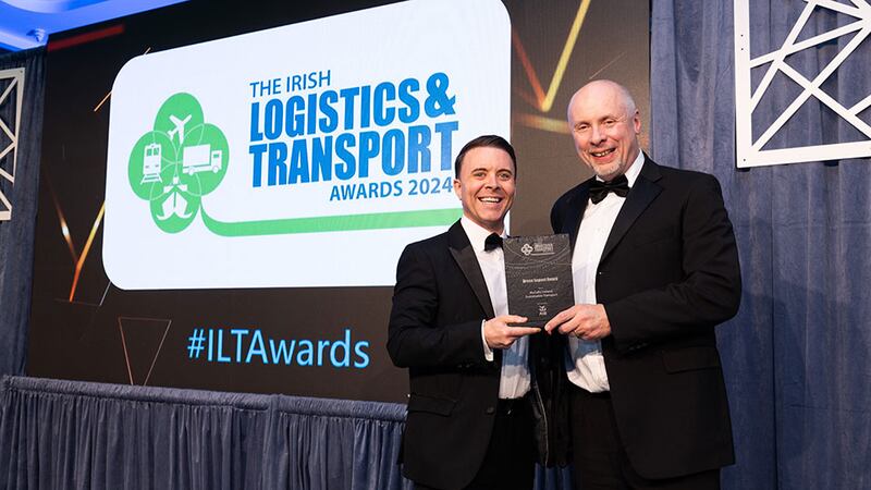 Joey Whelan, director of corporate banking, AIB presents the green impact award to Brian Beattie, McCulla Ireland Sustainable Transport