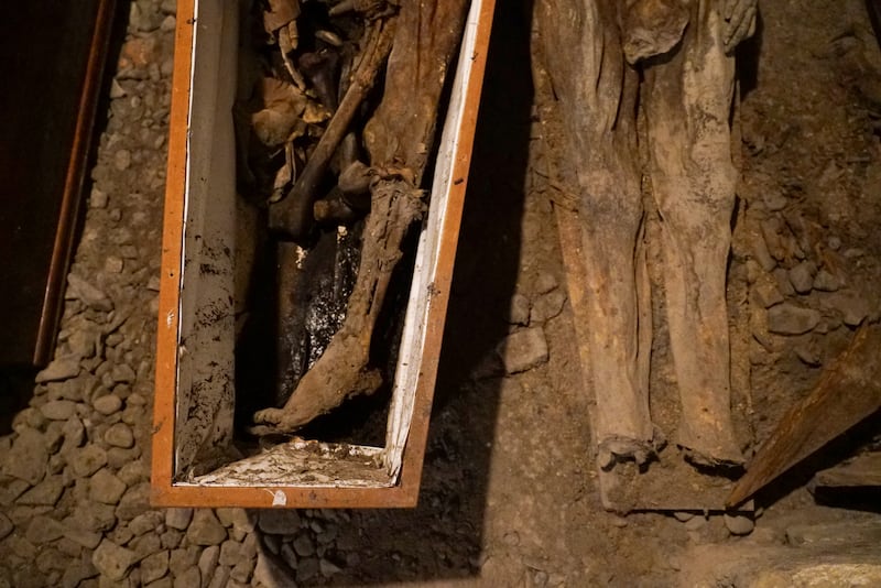 The remains of an 800-year-old mummy (left), called the Crusader, which was badly damaged in 2024 when a man set a fire in the historic crypt of St Michan’s Church. Picture: Enda O'Dowd