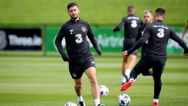 Shane Long taking part in Ireland training at Abbotstown. Photograph: Ryan Byrne/Inpho