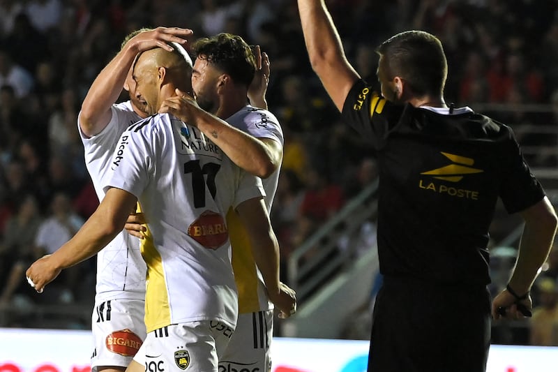 La Rochelle's South African wing Dillyn Leyds (second left) celebrates with team-mates during the French Top 14 rugby union match between Toulon and Stade Rochelais. Photograph: Matthieu Rondel/Getty Images