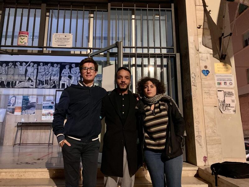 Omar Neffati  (centre) with his friends Francesco Boscheri (left) and Lucia Ferrante. Over the years, Neffati has seen Brothers of Italy and its coalition partners vote against measures that would give him rights as a non-citizen.