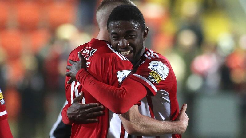 Derry’s Junior Ogedi-Uzokwe celebrates his team’s win over St Pat’s Athletic. Photograph: Lorcan Doherty/Inpho