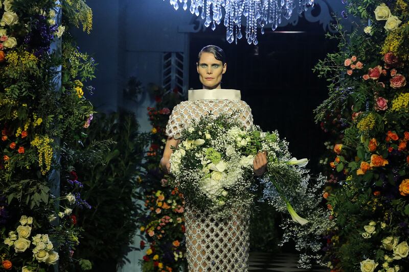 Richard Quinn's autumn-winter 2023 fashion show collection at London Fashion Week on Saturday. Photograph: Isabel Infantes/AFP/Getty Images