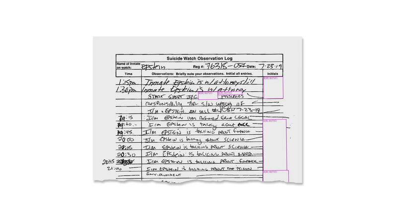 A log from the day of Jeffrey Epstein’s suicide attempt at the Metropolitan Correctional Center in Manhattan. Photograph: Federal Bureau of Prisons / The New York Times