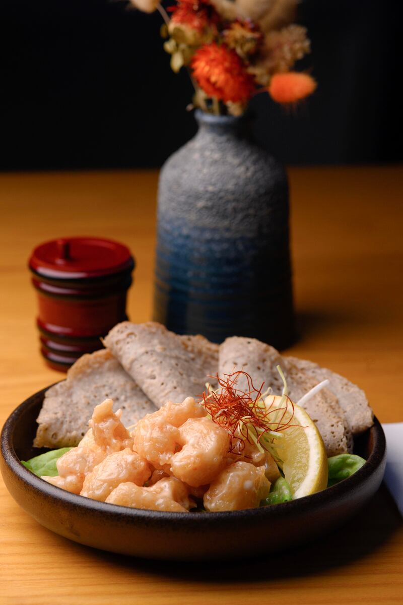 Sobako Galette Obi Mayo – langoustine, gin mayonnaise, leek, buckwheat and lettuce – at Ichigo Ichie. Photograph: Daragh Mc Sweeney/Provision