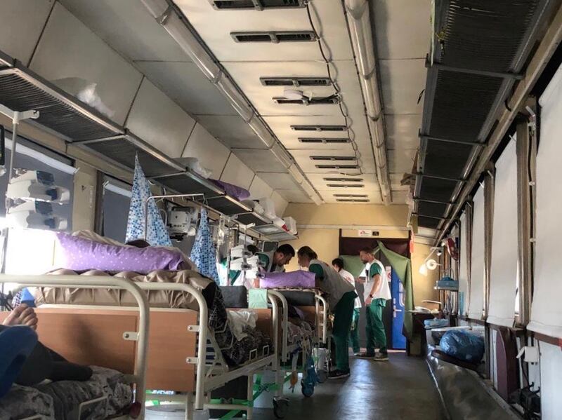 A medical train run by Medecins Sans Frontieres (Doctors Without Borders) that takes patients from areas near the frontline in eastern Ukraine to hospitals with more capacity in western Ukraine. Courtesy of Faris Al-Jawad/MSF
