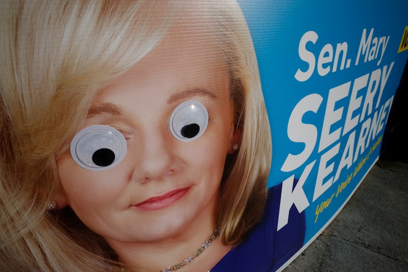 Poster of Dublin South Central Fine Gael candidate, Mary Seery Kearney, with the ‘Googly eye’ treatment. Photograph: Nick Bradshaw 