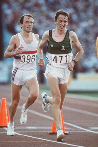 John Treacy of Ireland goes clear of Charlie Spedding of Great Britain in the 1984 Olympic Games marathon in LA. Photograph: © INPHO\Allsport