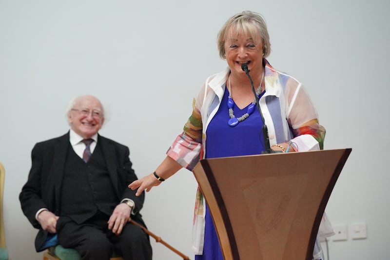 Co-founder of the Women's Coalition, Monica McWilliams, and President Michael D Higgins during McWilliams' speech on the role of women in the Northern Ireland peace process at Áras an Uachtaráin. Photograph: Niall Carson/PA