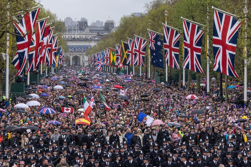 Crowds on the Mall during the coronation of King Charles III and Queen Camilla in London. Photograph: Dan Kitwood/Getty Images