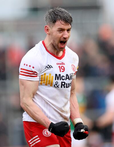 Tyrone’s Mattie Donnelly celebrates at the final whistle after Tyrone's win over Kerry in the league. Photograph: INPHO/James Crombie