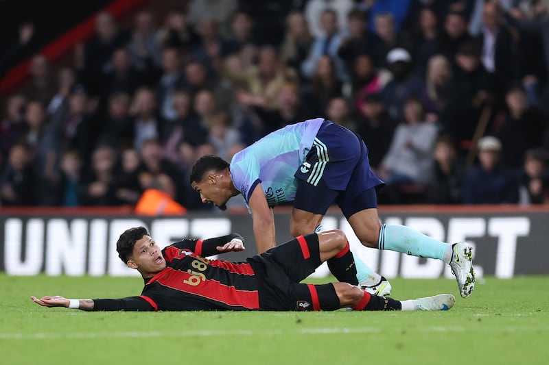 Arsenal's William Saliba (fouls Bournemouth's Evanilson before being shown a red card. Photograph: Steven Paston/PA Wire