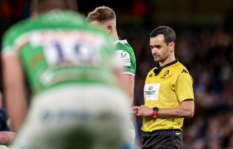 Referee Pierre Brousset during Leinster vs Leicester Tigers at the Aviva Stadium. Photograph: Dan Sheridan/Inpho