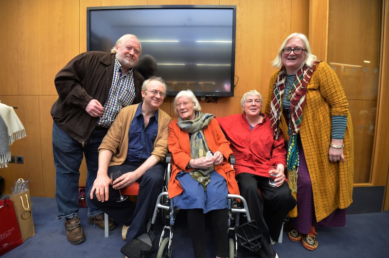 Author Jennifer Johnston who celebrated her 90th birthday at the Lexicon Library and opening  of an exhibition of her work with her sons Paddy and Malachi and daughters Sarah and Lucy. Photograph: Alan Betson 
