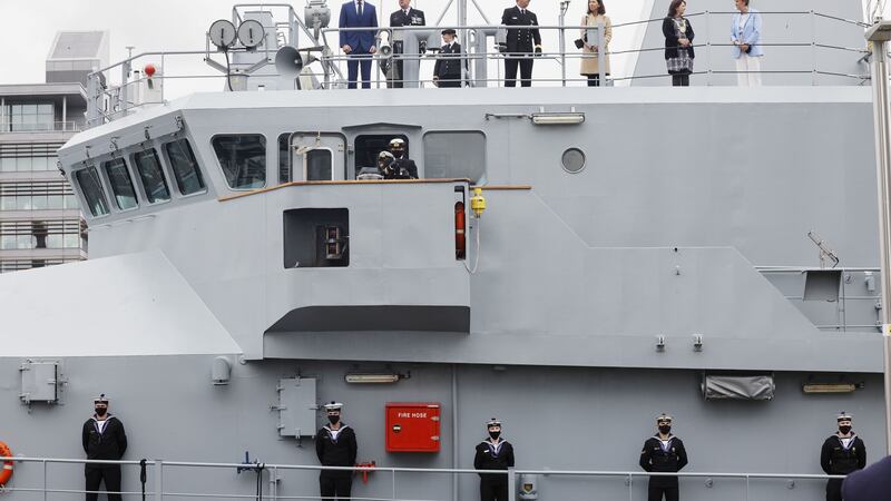 Minister for  Defence Simon Coveney with then Defence Forces chief of staff Vice Admiral Mark Mellett on board the LÉ Samuel Beckett berthing in Sir John Rogerson’s Quay,  to mark the Naval Service 75th anniversary in Dublin last year. Photograph: Alan Betson