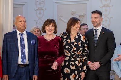 Taoiseach Leo Varadkar’s parents Miriam and Ashok Varadkar pictured with Matthew Barrett at Áras an Uachtaráin. Photograph: Tom Honan