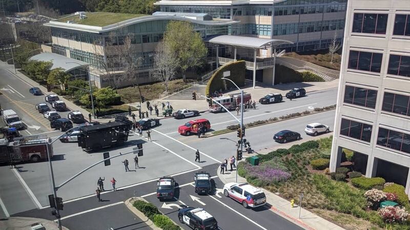 Officials are seen following reports of an active shooter at  the headquarters of YouTube in San Bruno, California. Photograph: Graeme MacDonald/Reuters.