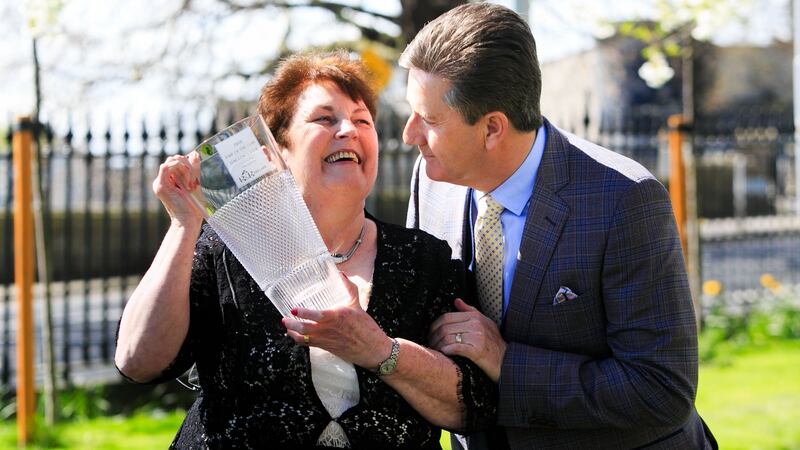 Daniel O’Donnell congragulates Gallows View owner  Mary Mckenna. Photograph: Gareth Chaney/Collins