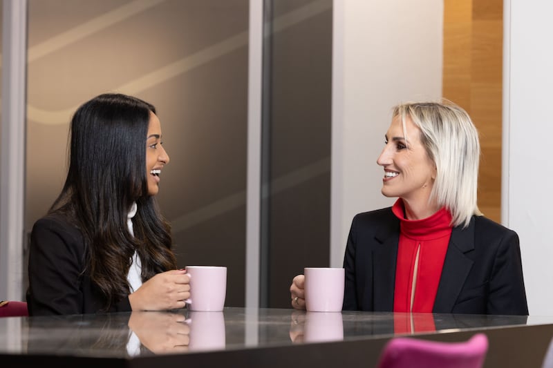 AIB’s managing director of retail banking Geraldine Casey and Leticia Felix Miranda, from Brazil, are pictured in AIB Grafton Street, Dublin, where Leticia availed of AIB’s new language interpretation and translation services to open her account. Photograph: Shane O'Neill/Coalesce