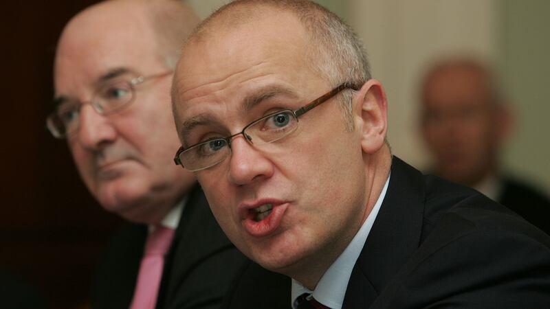 Willie McAteer and David Drumm of  Anglo Irish Bank: in the financial carnage leading up to the fateful bank guarantee on September 29th 2008, Anglo shares collapsed by 50 per cent. Photograph: Alan Betson/The Irish Times