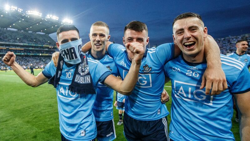 Dublin’s Niall Scully, Paul Mannion, Brian Howard and Cormac Costello celebrate last year’s victory over Kerry in the All-Ireland Football Final replay at Croke Park. Photograph: James Crombie/Inpho