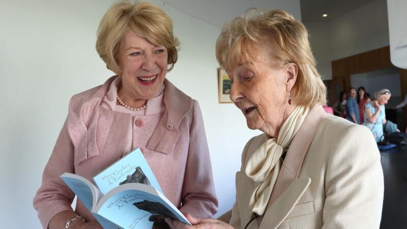 Sabina Coyne Higgins, wife of President Michael D Higgins, with Patricia Burke Brogan at the launch of her book Memoir with Grykes and Turloughs. Photograph: Joe O’Shaughnessy