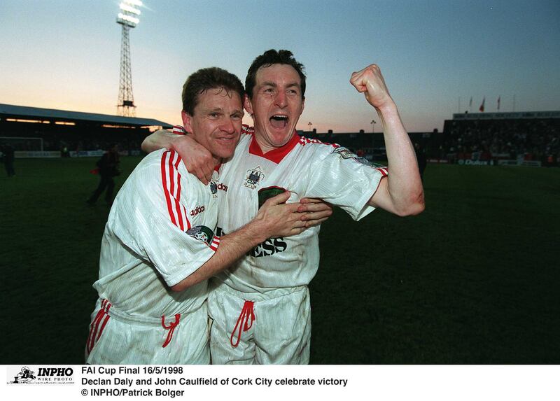 Declan Daly and John Caulfield celebrate Cork City's FAI Cup victory in 1998. Photograph: Patrick Bolger/Inpho