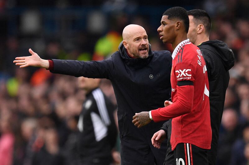 Manchester United manager Erik ten Hag gestures as Marcus Rashford waits to return to the pitch against Leeds United earlier this month at Elland Road. Photograph: Oli Scarff/AFP