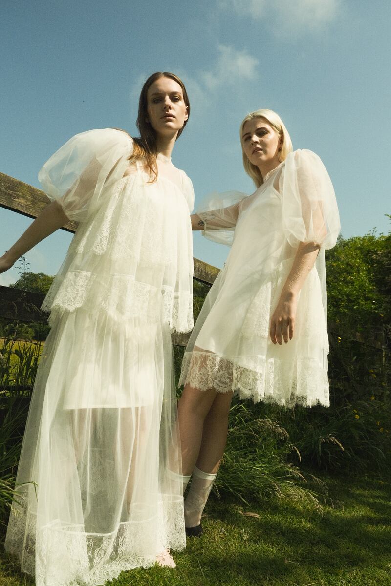 Left: white Isabelle blouse €600, Mae skirt €520 Right: White Rose dress in French Leavers lace and tulle €600. Photograph: Isabel Farrington