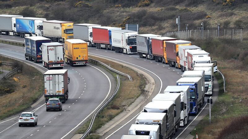 Lorries queue on the A20 to enter the Port of Dover in Kent, as French customs officers continue their work-to-rule industrial action to protest over pay and show the effect Brexit will have on cross-Channel passengers. Photograph: Gareth Fuller/PA Wire