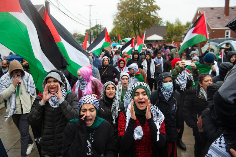 Residents of Dearborn rally in support of Palestine. Dearborn is home to one of the largest populations of Arab-Americans in the US. Photograph:  Matthew Hatcher/Getty Images