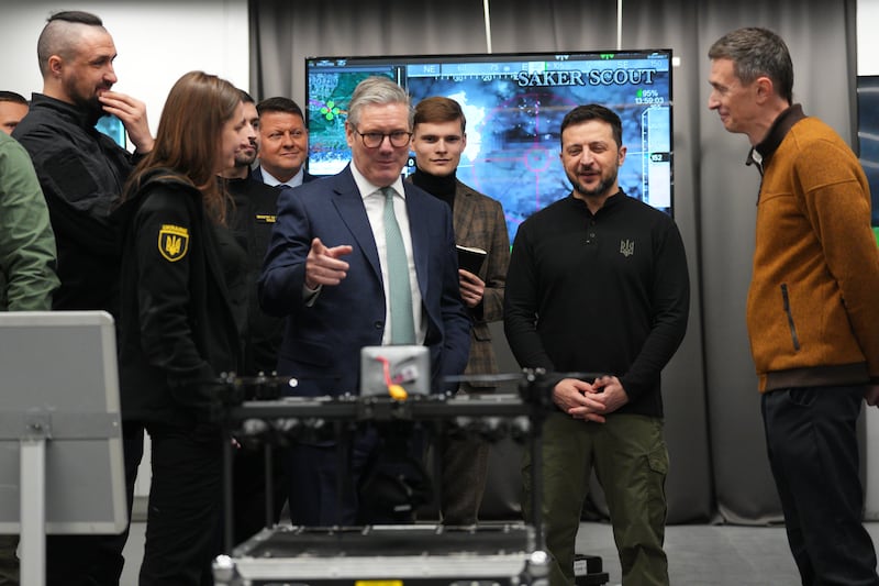 UK prime minister Keir Starmer and Ukrainian president Volodymyr Zelenskiy attend a presentation of Ukrainian military drones at an undisclosed location in Ukraine. Photograph: Carl Court/PA Wire