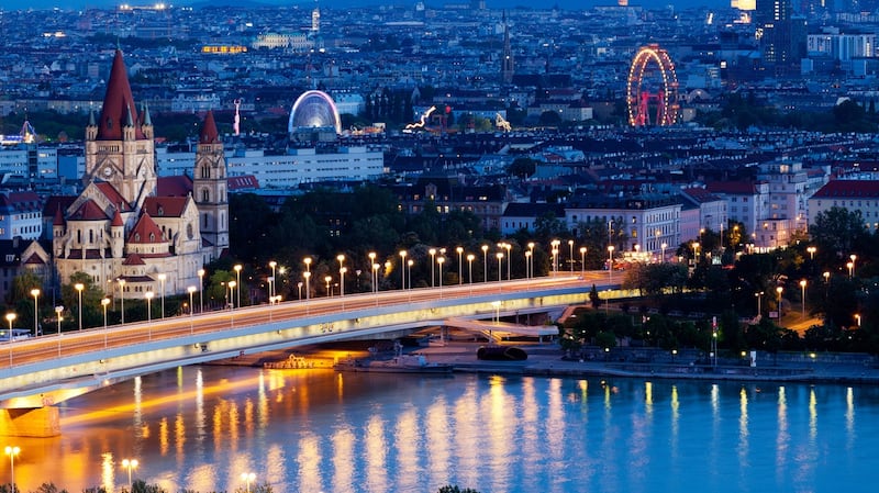 Vienna at night, one of the cities on the Uniworld river cruise to Nuremburg.