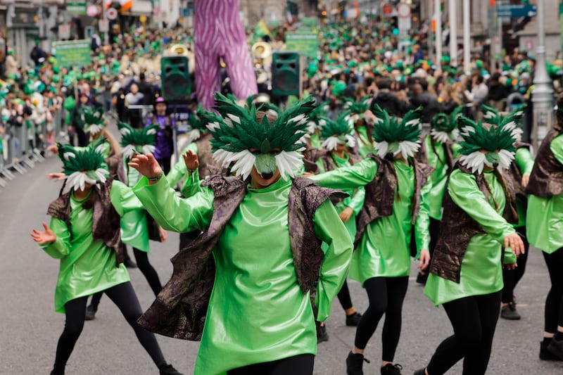 Members of the Inishowen Carnival Group with their An Púca display at the St Patrick's Day parade in Dublin. Photograph: Alan Betson

