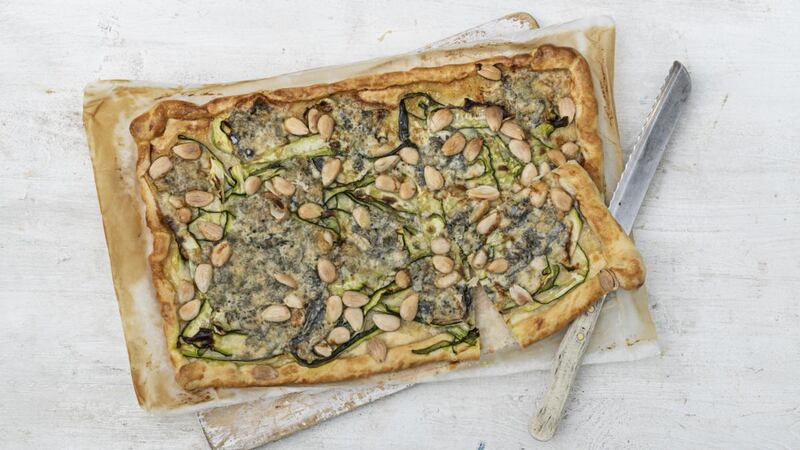 Courgette, almond and Gorgonzola tart