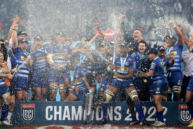 The Stormers celebrate beating the Bulls in the URC final in May at DHL Stadium, Cape Town, South Africa. Photograph: Laszlo Geczo/Inpho