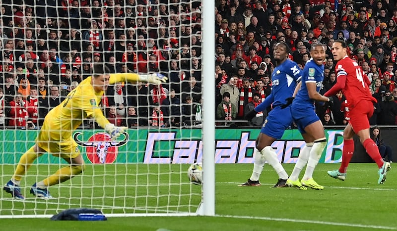 Liverpool's Virgil van Dijk scores the winner in last year's English League Cup final against Chelsea. Photograph: Glyn Kirk/AFP via Getty Images