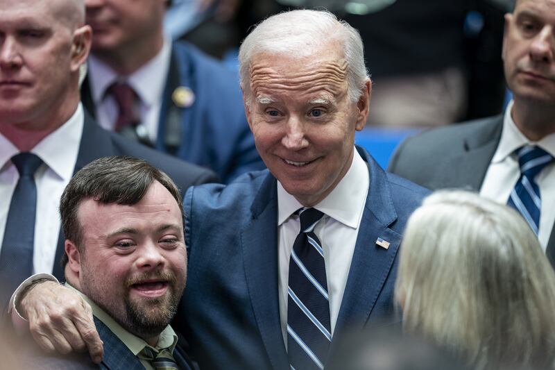 US president Joe Biden embraces James Martin, who starred in the recent Oscar-winning short film An Irish Goodbye. Photograph: Aaron Chown/PA