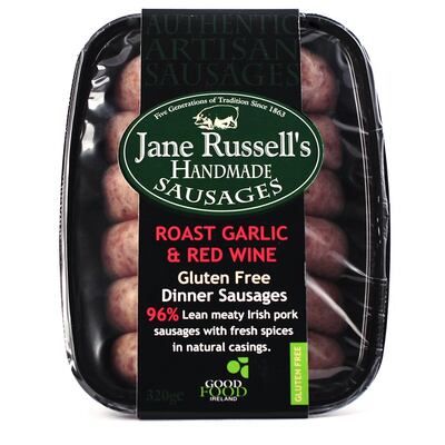 Jane Russell’s Roast Garlic and Red Wine dinner sausages comprise 96% ‘prime Irish pork’.