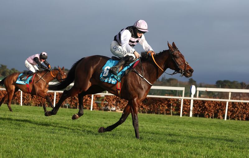 July Flower with Rachel Blackmore up on the way to winning the Irish EBF Mares Hurdle during day four of the Christmas Festival at Leopardstown. Photograph: Damien Eagers/PA Wire.