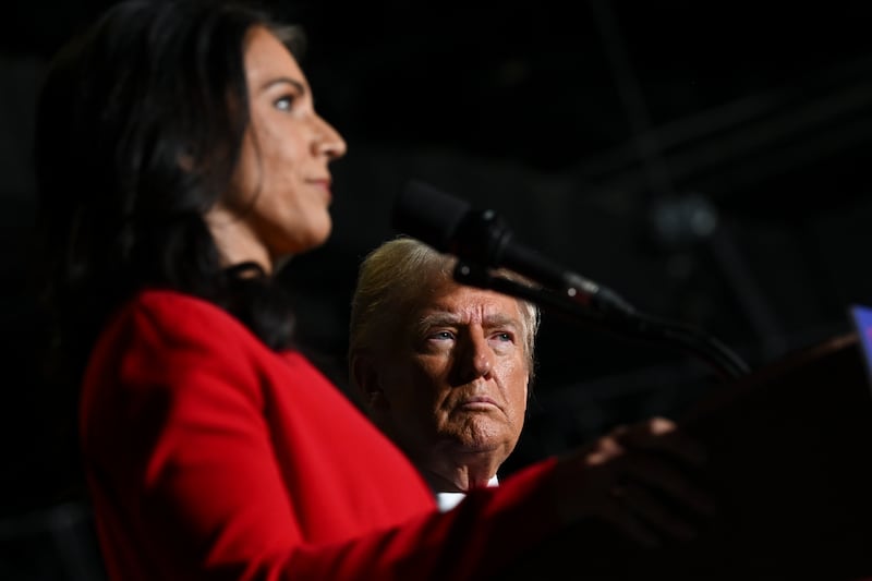 Tulsi Gabbard speaks during a campaign rally for Donald Trump in Greensboro, North Carolina, on October 22nd. Photograph: Kenny Holston/New York Times
                      